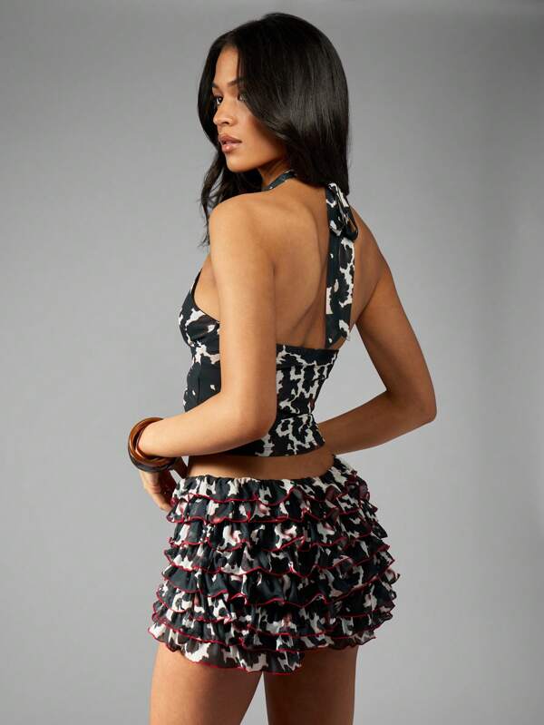 Missguided MISSGUIDED Cow Print Ruffle Halter Neck Two Piece Set