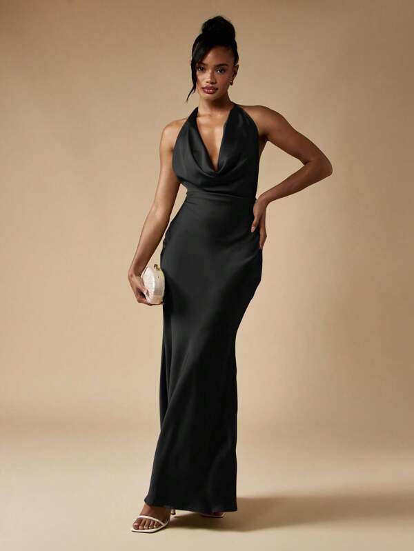 missguided MISSGUIDED Cowl Neck Backless Maxi Dress With Halter Design