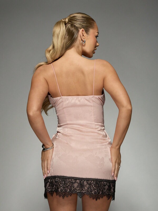 Missguided MISSGUIDED Cowl Neck Corset Detail Satin Finish Mini Dress With Lace Trim