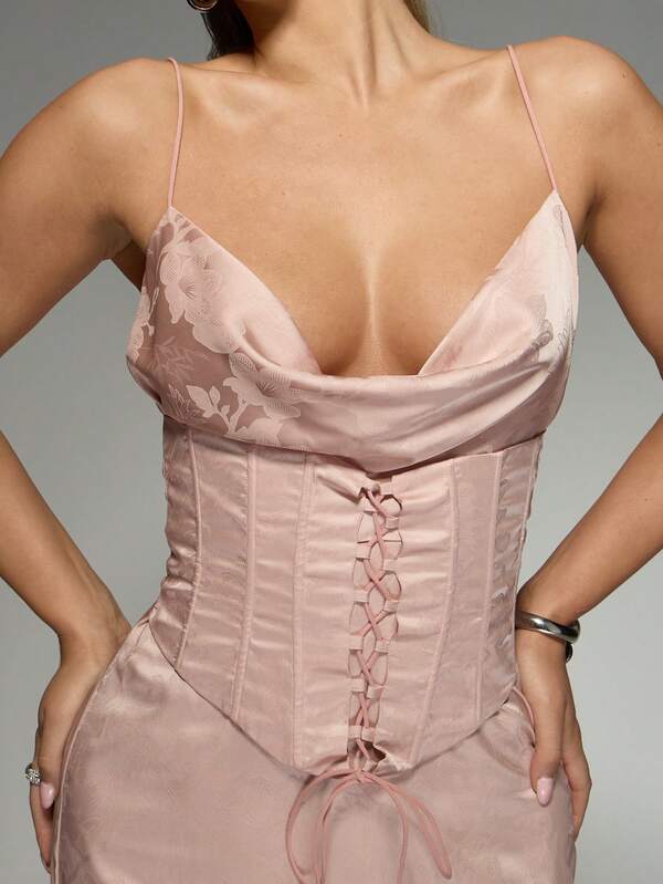 Missguided MISSGUIDED Cowl Neck Corset Detail Satin Finish Mini Dress With Lace Trim