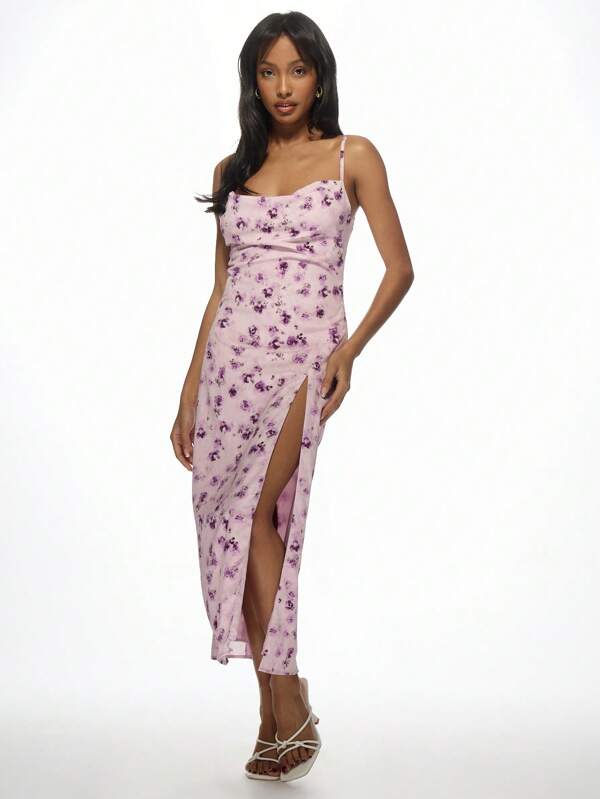 missguided MISSGUIDED Cowl Neck Floral Print Midi Dress With Side Split