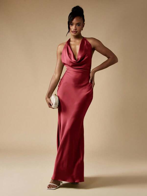 missguided MISSGUIDED Cowl Neck Halter Maxi Dress With Open Back