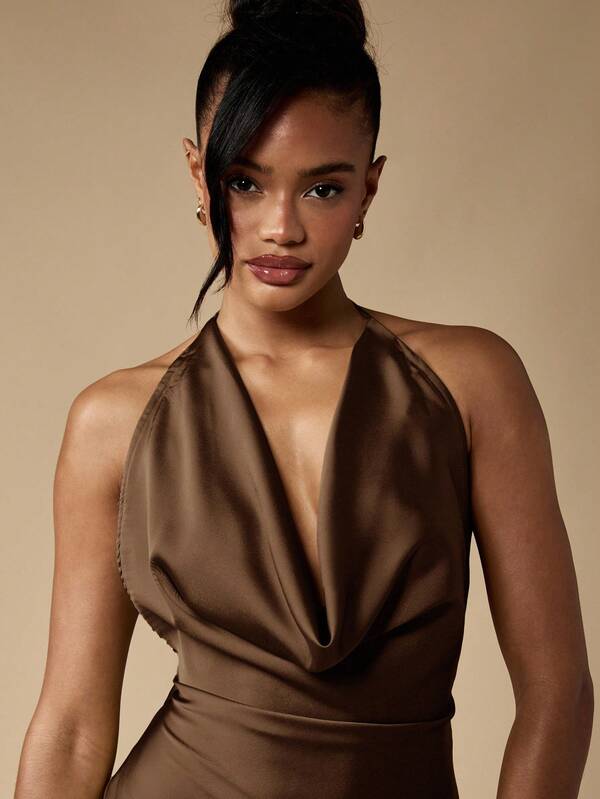 Missguided MISSGUIDED Cowl Neck Halter Maxi Dress With Tie Back