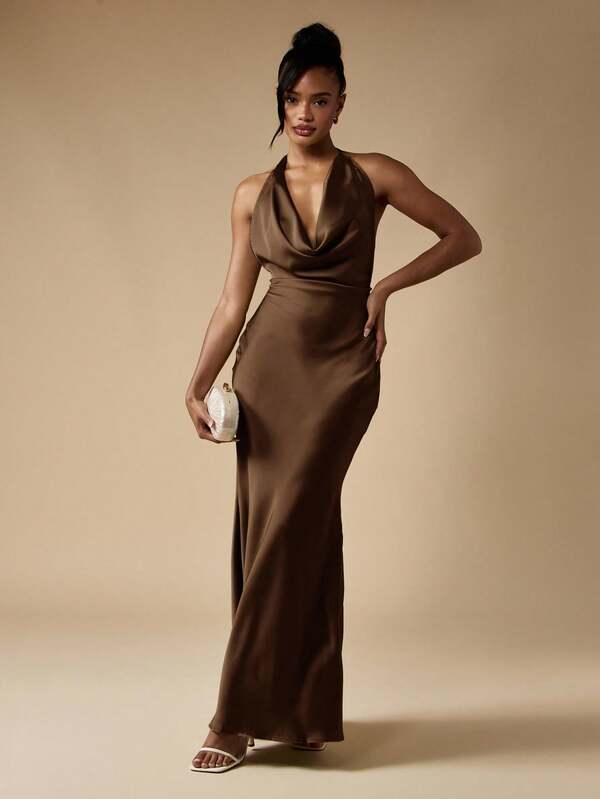 missguided MISSGUIDED Cowl Neck Halter Maxi Dress With Tie Back