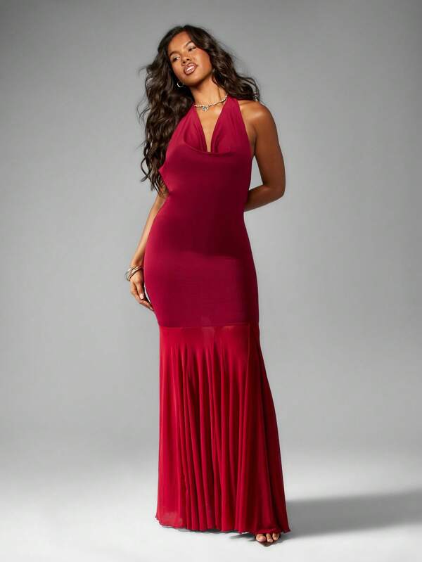 missguided MISSGUIDED Cowl Neck Halter Statement Mermaid Maxi Dress