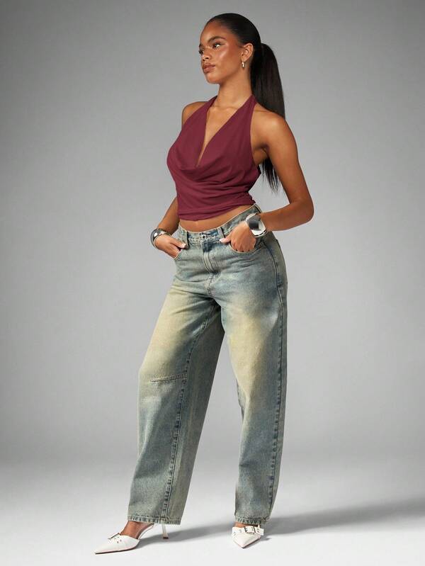 Missguided MISSGUIDED Cowl Neck Halter Top With Ruched Side Design