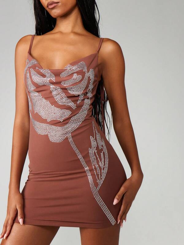 Missguided MISSGUIDED Cowl Neck Rose Print Mini Dress