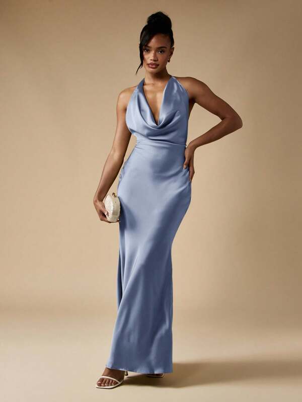 missguided MISSGUIDED Cowl Neck Satin Maxi Dress With Draped Back