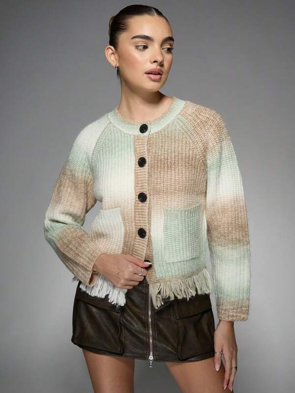 Missguided MISSGUIDED Cozy Button-Front Knit Cardigan With Fringe Hem