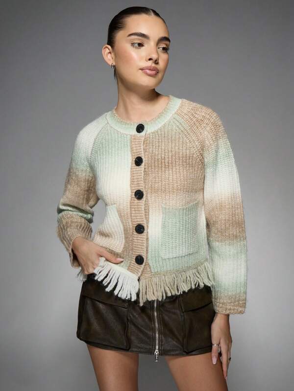 missguided MISSGUIDED Cozy Button-Front Knit Cardigan With Fringe Hem