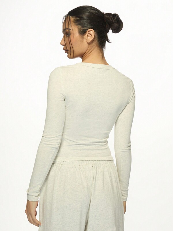 Missguided MISSGUIDED Cozy Button Henley Ribbed Long Sleeve Women T-Shirt