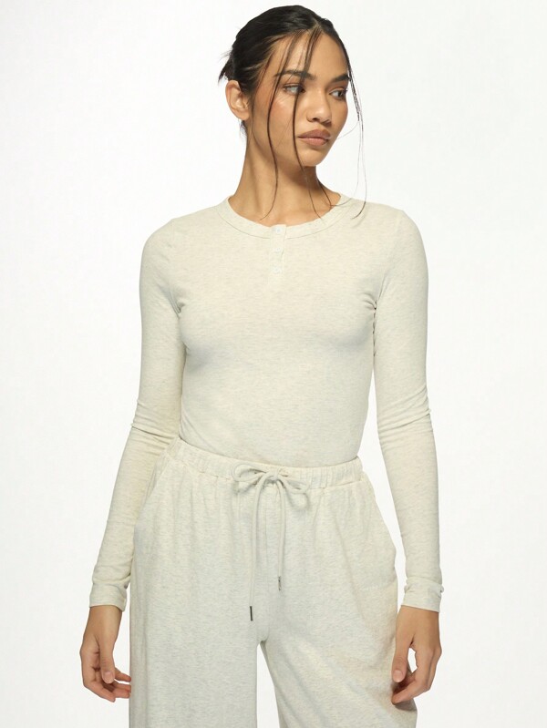 missguided MISSGUIDED Cozy Button Henley Ribbed Long Sleeve Women T-Shirt