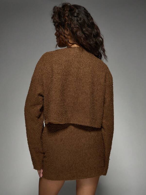 Missguided MISSGUIDED Cozy Fuzzy Boucle Two-Piece Outfit Cardigan Skirt