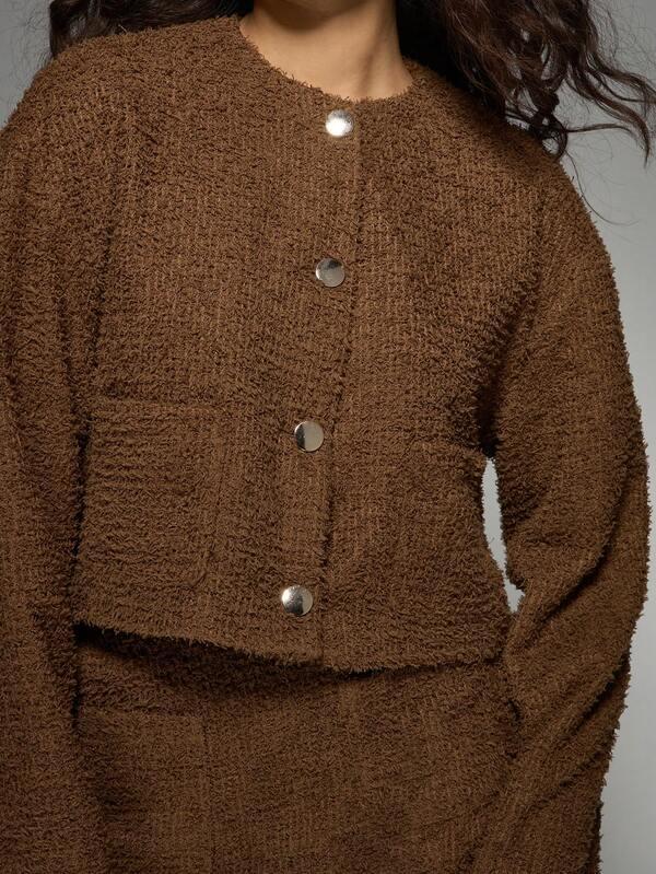 Missguided MISSGUIDED Cozy Fuzzy Boucle Two-Piece Outfit Cardigan Skirt