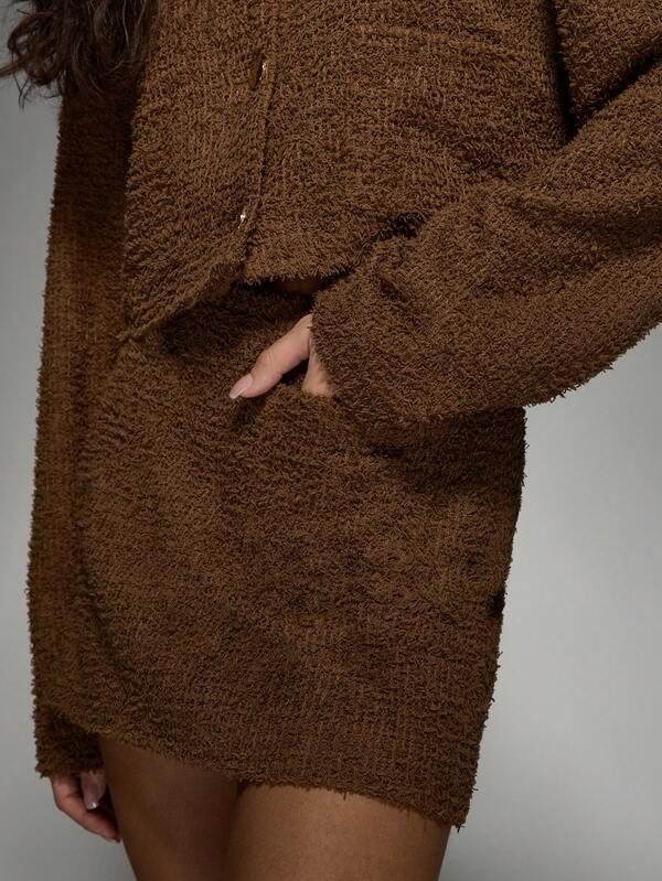 Missguided MISSGUIDED Cozy Fuzzy Boucle Two-Piece Outfit Cardigan Skirt