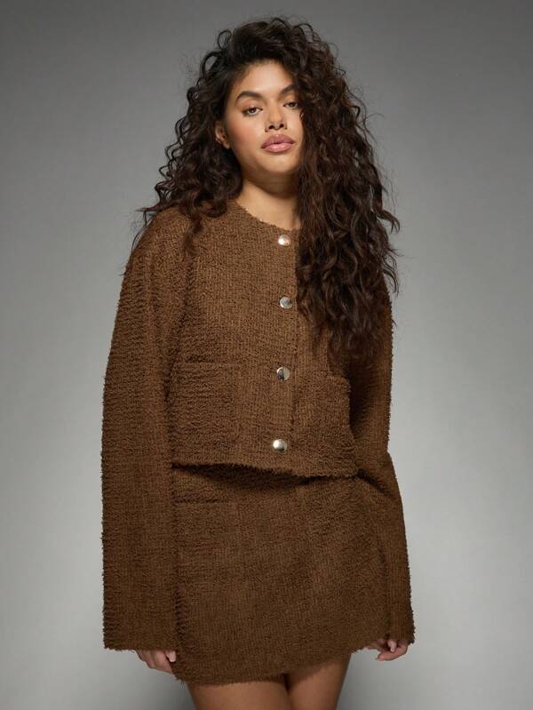 missguided MISSGUIDED Cozy Fuzzy Boucle Two-Piece Outfit Cardigan Skirt
