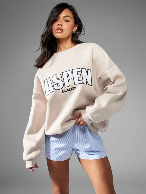 Missguided MISSGUIDED Cozy Oversized Collegiate Crewneck Pullover Sweatshirt