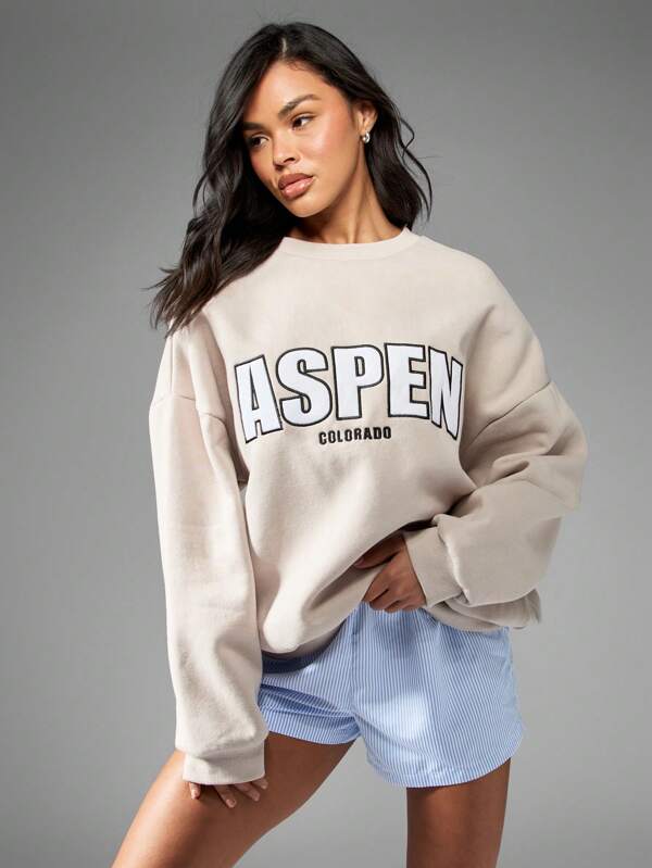 missguided MISSGUIDED Cozy Oversized Collegiate Crewneck Pullover Sweatshirt
