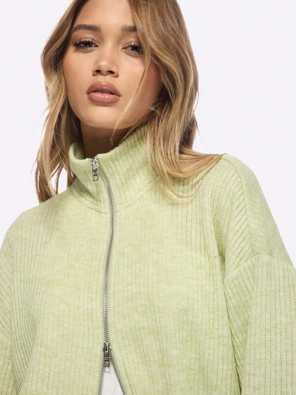 Missguided MISSGUIDED Cozy Ribbed Lightweight Zip-Up Stand Collar Balloon Sleeve Women Cardigan