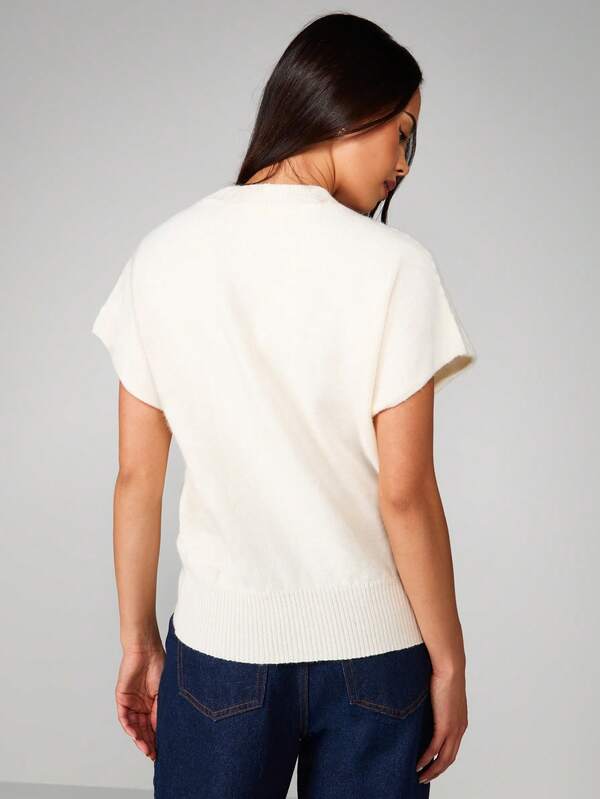 Missguided MISSGUIDED Cream Short Sleeve Knitted Sweater
