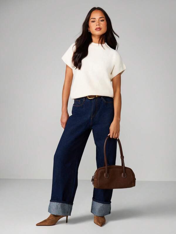 Missguided MISSGUIDED Cream Short Sleeve Knitted Sweater