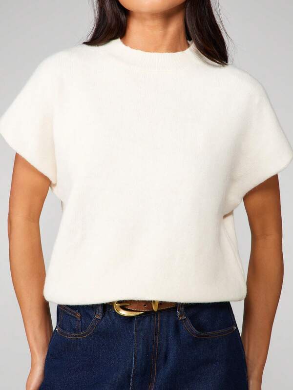 Missguided MISSGUIDED Cream Short Sleeve Knitted Sweater
