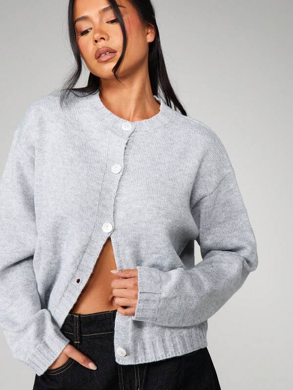 missguided MISSGUIDED Crew Neck Button Front Cardigan