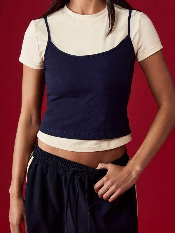 Missguided MISSGUIDED Crew Neck Short Sleeve T-Shirt With Cami Layer
