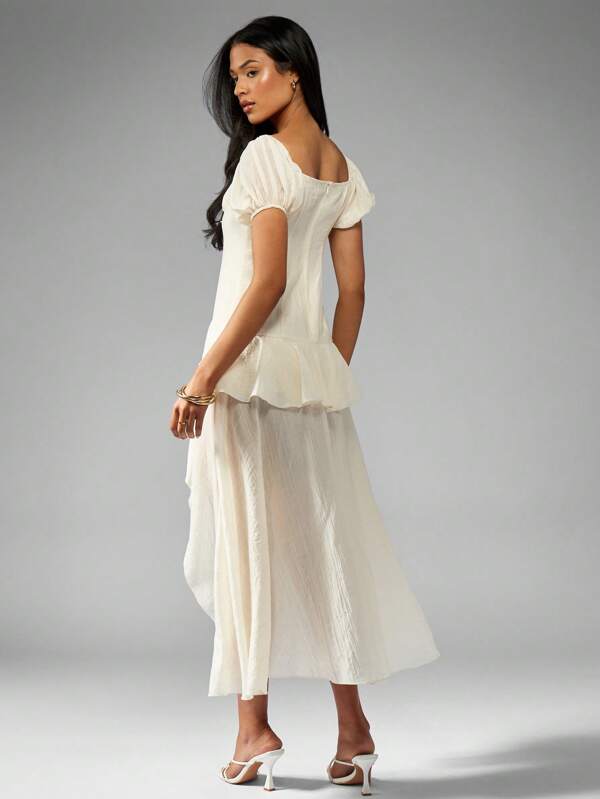 Missguided MISSGUIDED Crinkle Chiffon Mid-Axi Dress With Fitted Waist And Puff Sleeves Cute Sundress