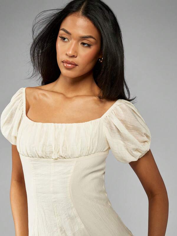 Missguided MISSGUIDED Crinkle Chiffon Mid-Axi Dress With Fitted Waist And Puff Sleeves Cute Sundress