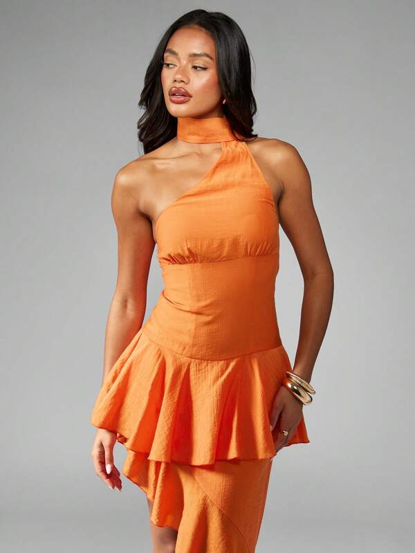 Missguided MISSGUIDED Crinkle Chiffon Midi Dress With Asymmetric Ruffle Hem And Neck Drape