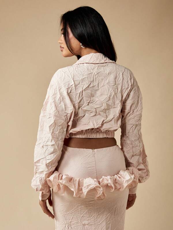 Missguided MISSGUIDED Crinkle Fabric Ruffle Trim Long Sleeve Button Down Blouse
