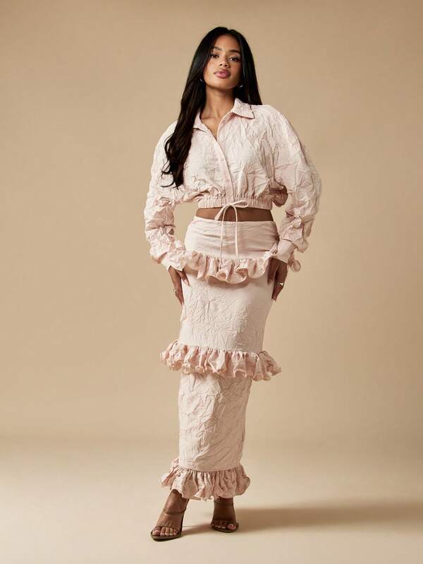 Missguided MISSGUIDED Crinkle Fabric Ruffle Trim Long Sleeve Button Down Blouse