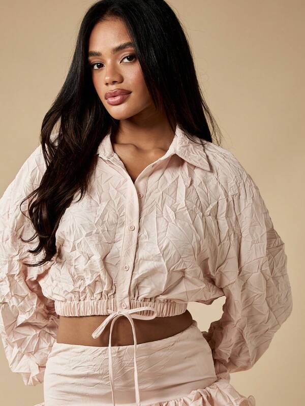 Missguided MISSGUIDED Crinkle Fabric Ruffle Trim Long Sleeve Button Down Blouse
