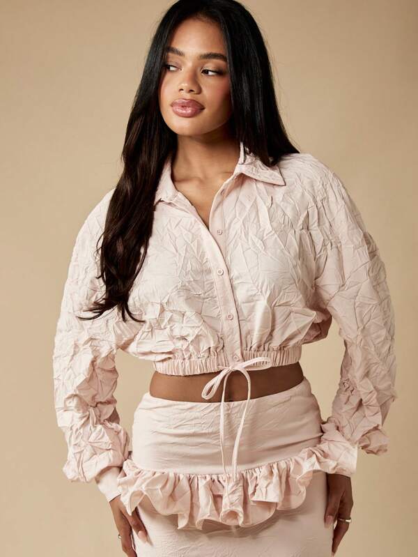 missguided MISSGUIDED Crinkle Fabric Ruffle Trim Long Sleeve Button Down Blouse