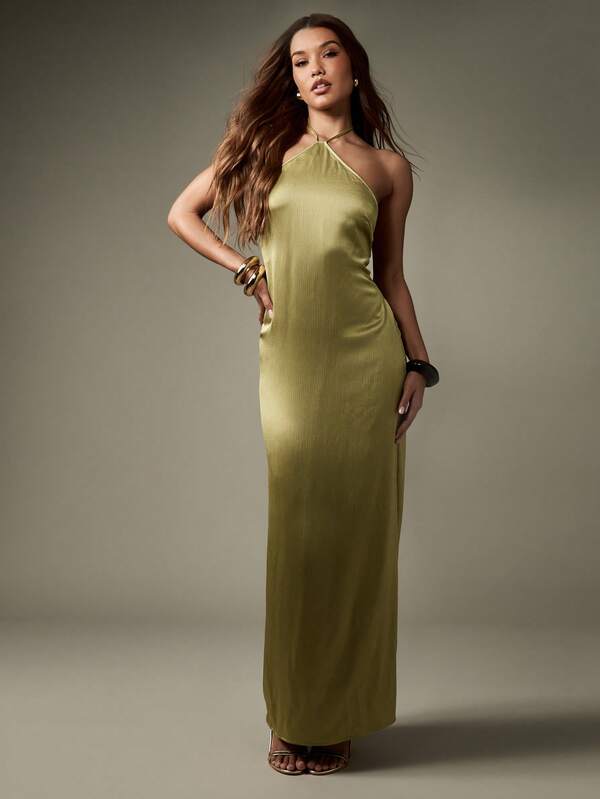 Missguided MISSGUIDED Crinkle Satin Halter Maxi Dress With Open Back