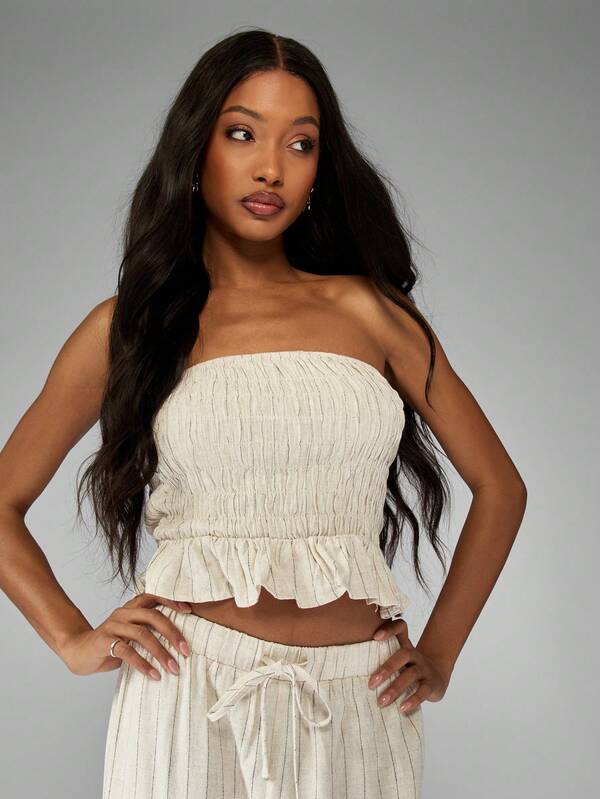 Missguided MISSGUIDED Crinkle Textured Bandeau Crop Top And Pants Two Piece Set