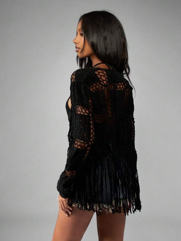 Missguided MISSGUIDED Crochet Fringe Kimono With Mesh Lace Pattern