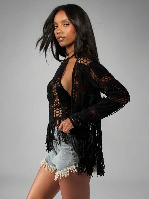 missguided MISSGUIDED Crochet Fringe Kimono With Mesh Lace Pattern