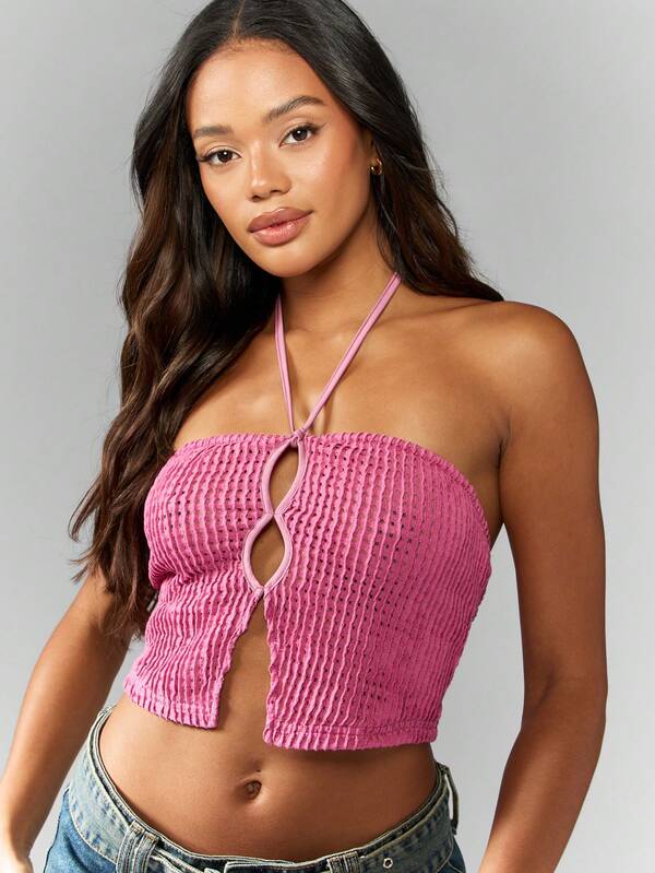 Missguided MISSGUIDED Crochet Halter Neck Crop Top With Tie Back Women Tops