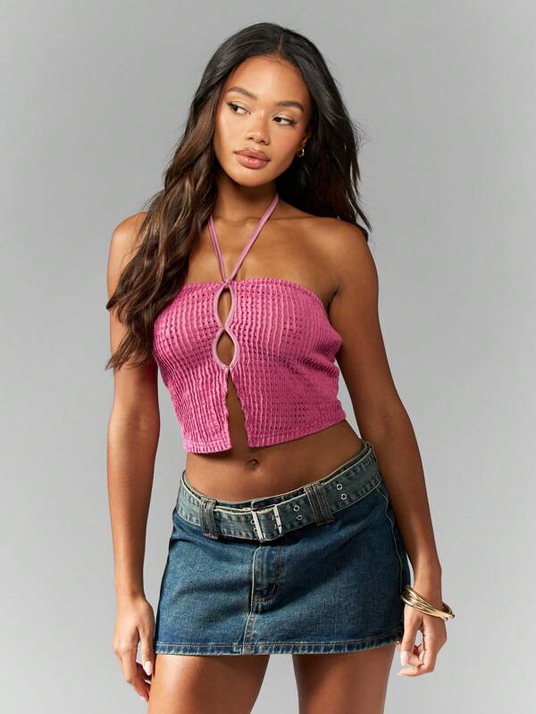 missguided MISSGUIDED Crochet Halter Neck Crop Top With Tie Back Women Tops