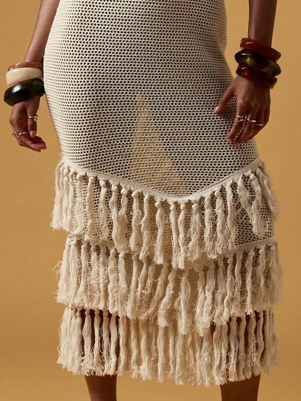 Missguided MISSGUIDED Crochet Halter Neck Tiered Fringe Hem Maxi Dress