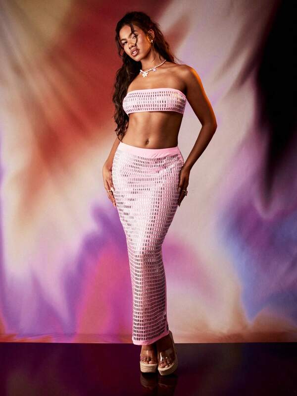 missguided MISSGUIDED Crochet Knit Bandeau Mesh Two-Piece Co-Ord Set