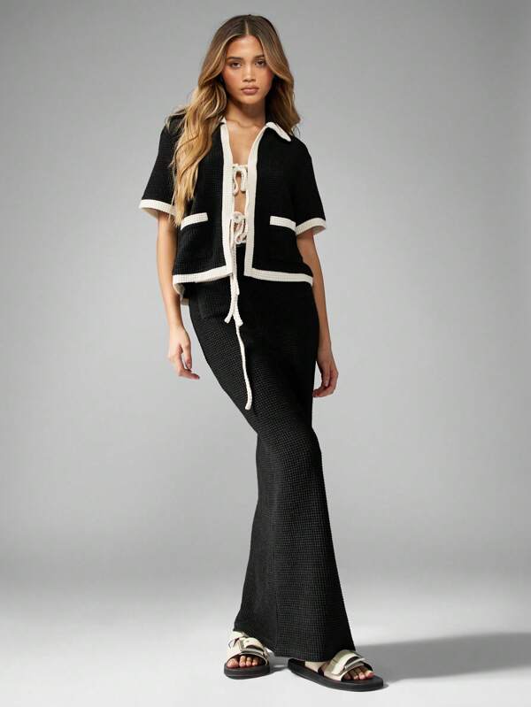 missguided MISSGUIDED Crochet Knit Button Front Two Piece Maxi Skirt Set