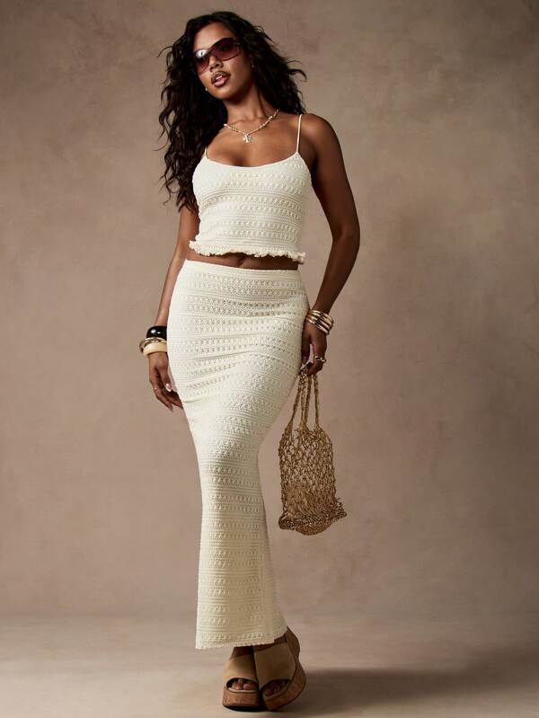 missguided MISSGUIDED Crochet Knit Crop Top High Waist Maxi Skirt Two-Piece Outfit