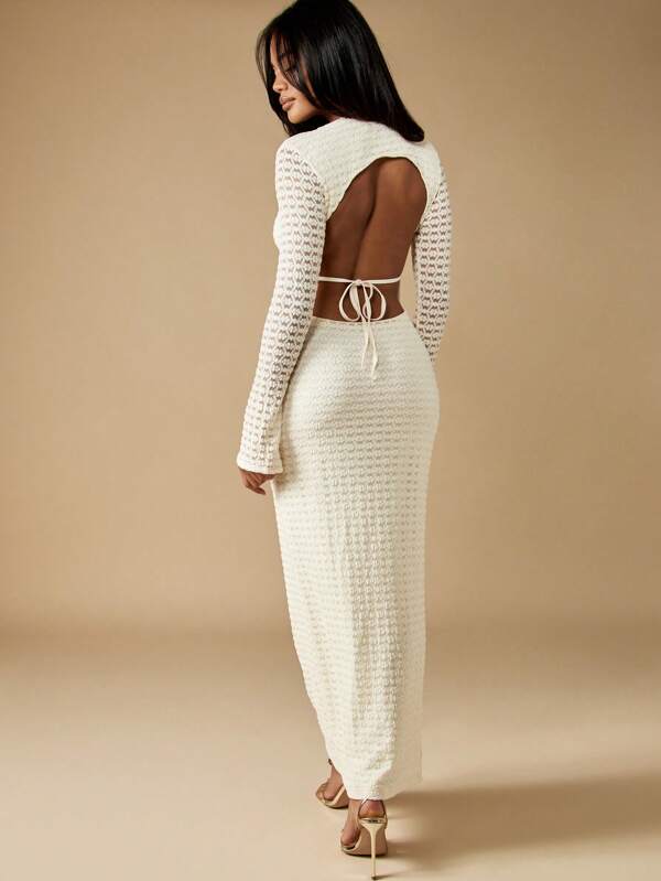 Missguided MISSGUIDED Crochet Knit Maxi Dress With Bell Sleeves And Open Back