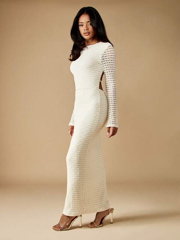 Missguided MISSGUIDED Crochet Knit Maxi Dress With Bell Sleeves And Open Back