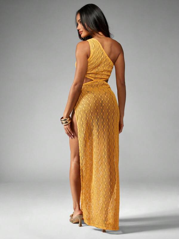 Missguided MISSGUIDED Crochet Knit O-Ring Cutout High Slit Floor Length Bohemian Maxi Dress