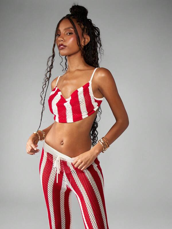 Missguided MISSGUIDED Crochet Knit Striped Wide Leg Co-Ord Set