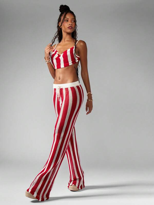 missguided MISSGUIDED Crochet Knit Striped Wide Leg Co-Ord Set